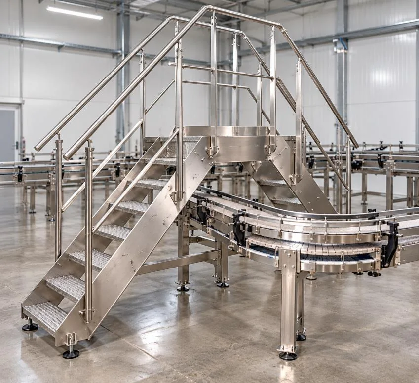 Operator platform and stairs beside a curved conveyor