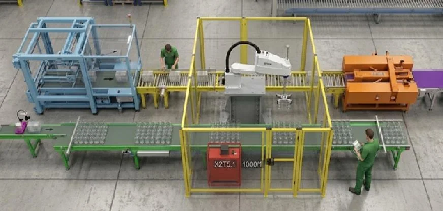 Visualization of a SCARA robot and conveyors inside a guarded cup-stacking cell